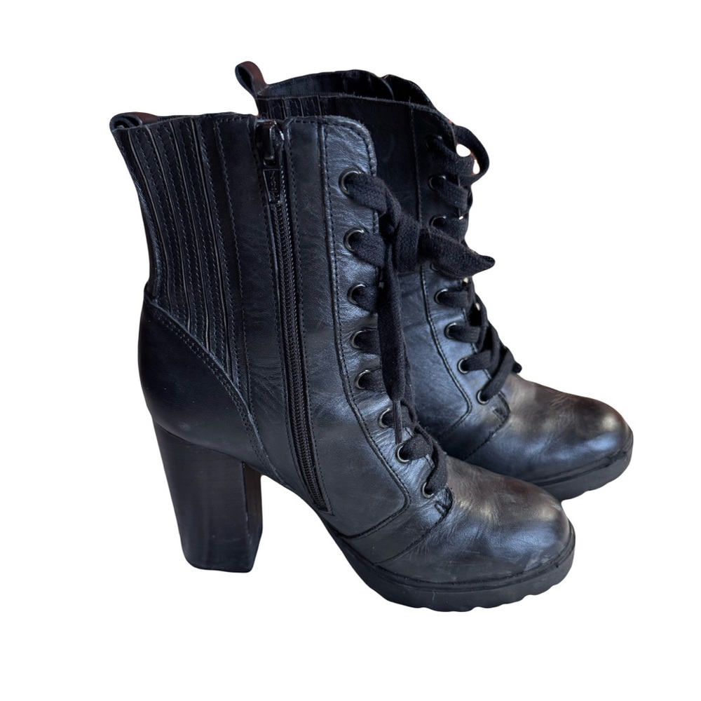 Steve Madden Lead Heeled Boots, Side-Zip Lace-Up, Lug, Black Leather, Size 7.5
